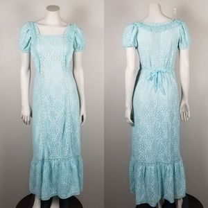 Vintage 70s Blue Sheer Cottagecore Floral Polkadot Lace Maxi Dress Size Small